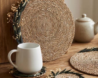 Botanical Woven Placemats and Matching Coasters with Preserved Olive Leaves & Gypsophila