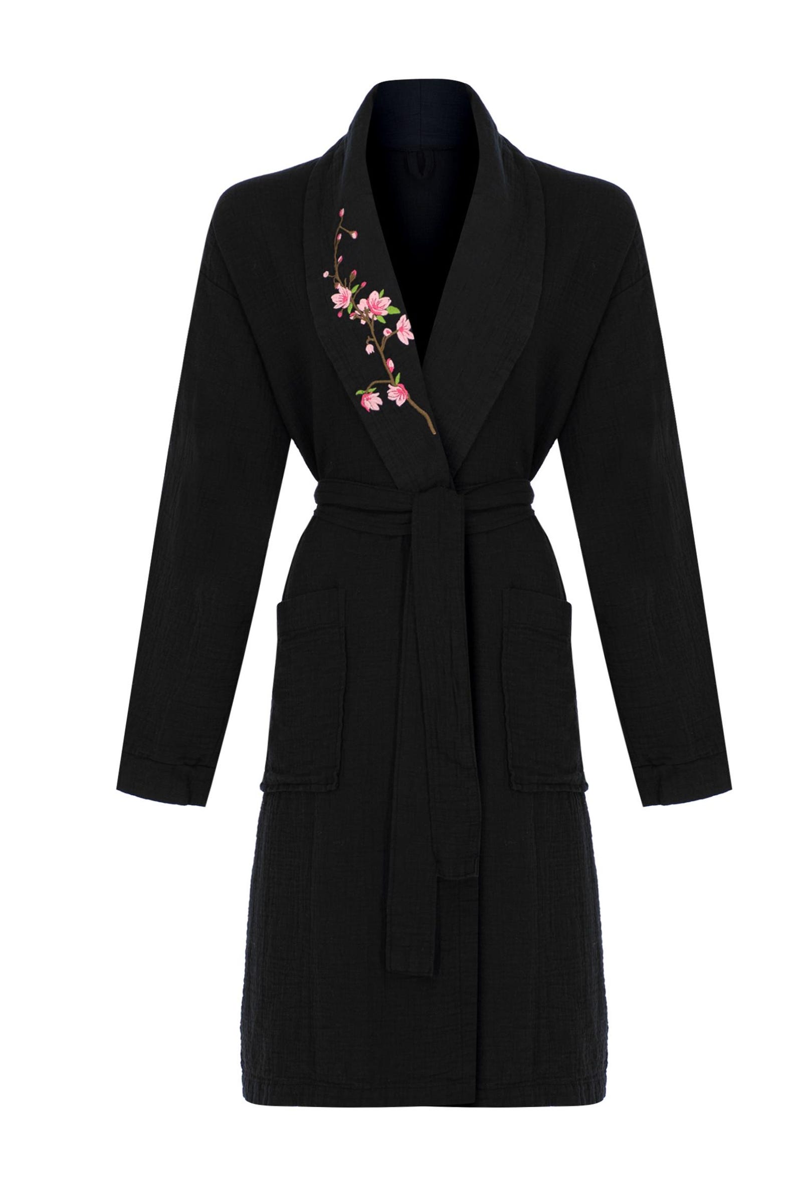 Kumani Robe Black Muslin Kimono Robe With Cherry Blossom Embroidery – Cozy Spa ...