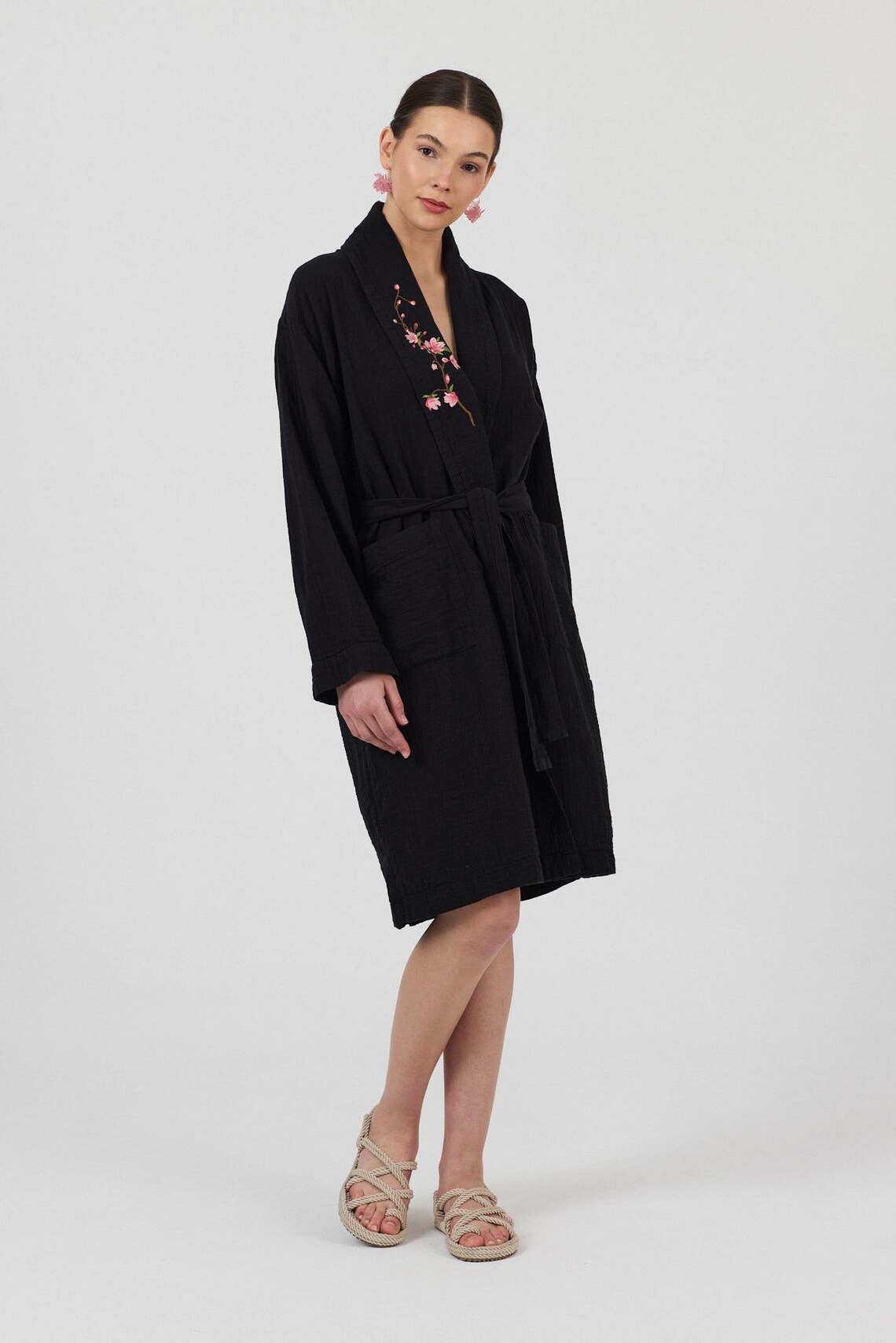 Black Muslin Kimono Robe With Cherry Blossom Embroidery – Cozy Spa ...