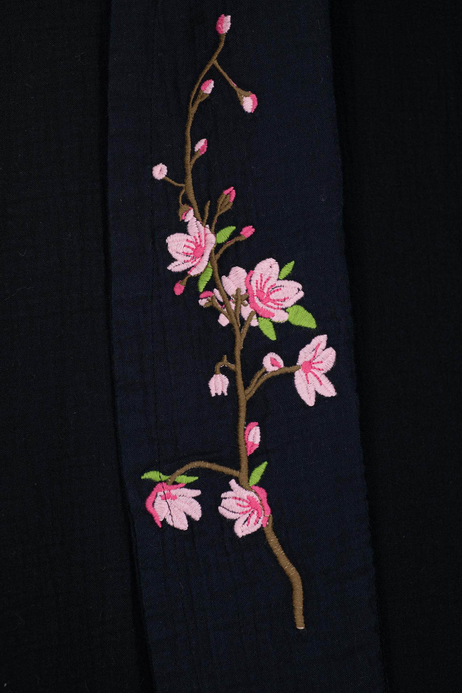 Black Muslin Kimono Robe With Cherry Blossom Embroidery – Cozy Spa ...