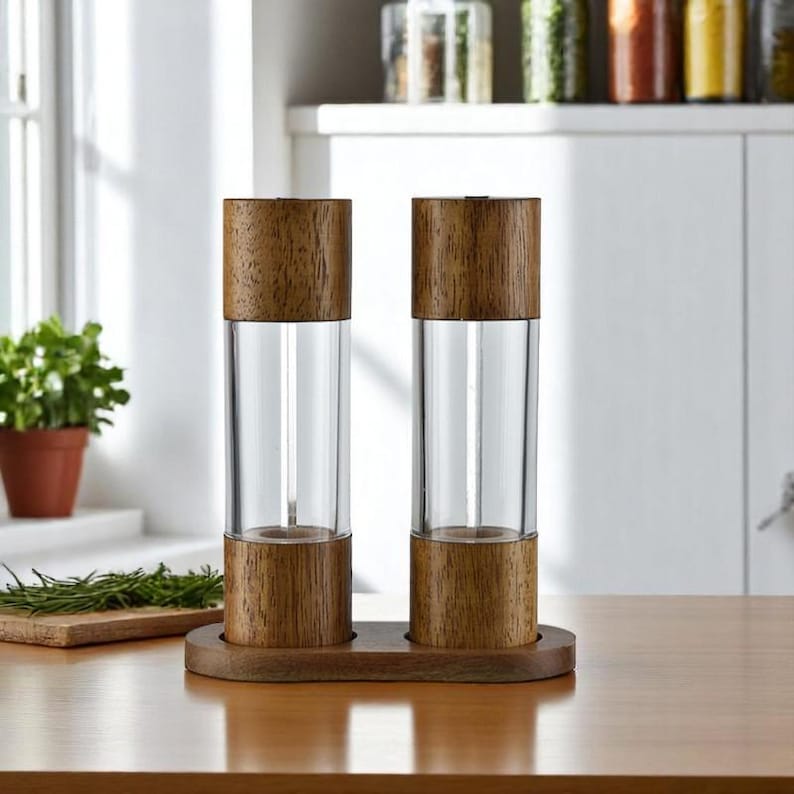 Acacia Wood Salt and Pepper Mill Grinder Set Adjustable Ceramic Core Premium Finish Salt and Pepper Set Luxury Grinder Housewarming Gift