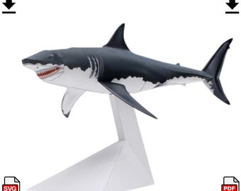 印刷可能なホホジロザメの紙工作、子供向けの印刷可能なサメの海の風景、水中捕食者ジオラマ、サメをテーマにしたデジタルPDF