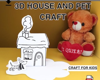 May include: Black and white printable 3D craft for kids featuring a house and a pet. The house has a chimney and a window with stars. The pet is a dog with a hat. The text "I QUIERO" is on a red heart.