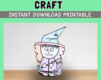 May include: A printable 3D craft of a witch with a black cat and a broom. The witch is wearing a purple dress and a blue hat with a spider on it. The craft is labeled "Adorable 3D Witch Craft" and "Instant Download Printable".
