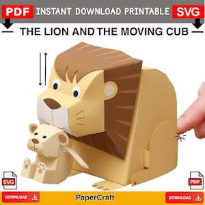 Le lion et le lionceau qui bougent - Modèles interactifs SVG et PDF pour travaux manuels en papier - Fichiers téléchargeables
