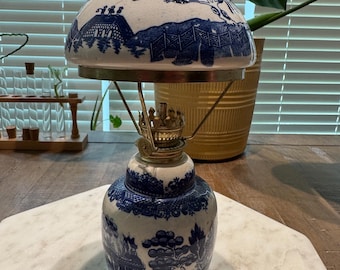 Vintage Japanese Porcelain Oil Lamp w/ Blue Willow Design - Seller refirbished