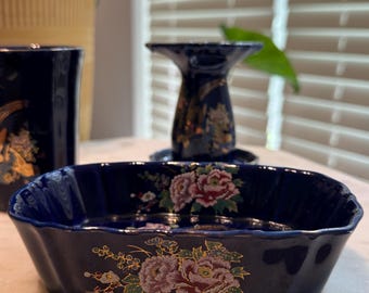 Vintage Blue with gold rim Peacock Ceramic 3pc Bathroom Set Japan, Beautiful Cobalt Blue Japan Printed Floral and Bird Set