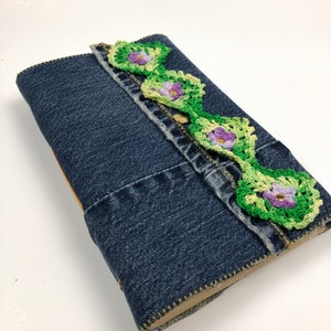 Reclaimed Denim Journal / Recycled Blue Jeans Diary withCrochet Flowers