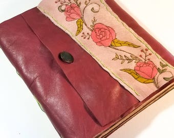 Handbound Leather Journal With Floral Pyrography / Pink Floral Diary