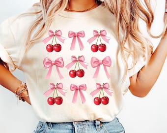 Cherry Bow Comfort Colors T-Shirt – Cute Kawaii Aesthetic Tee – Pink Y2K Graphic Shirt – Soft Girl Comfort Colors Top