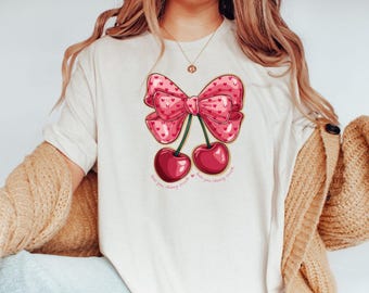 Coquette Cherry T-Shirt with Pink Bow, Kawaii Y2K Aesthetic Girl Tee, Cute Heart Graphic Shirt, I Love You Cherry Much Gift Top