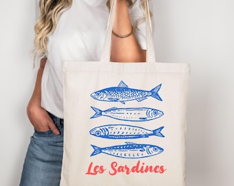 Les Sardines Tote Bag: French Retro Fish Print, Eco Canvas Market Bag
