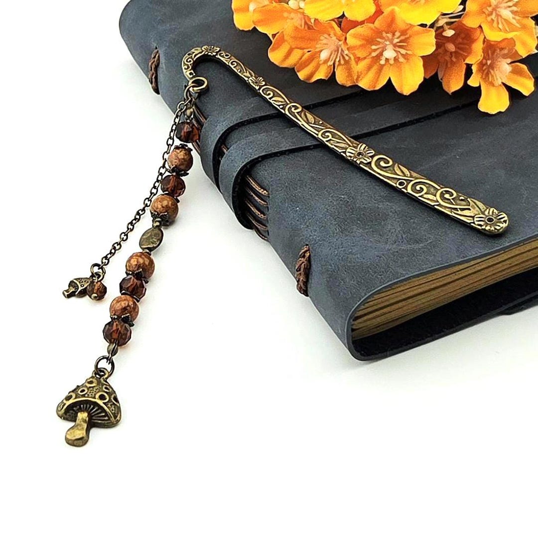 Mushroom Madness - Antique Brass Bookmark | Ocean Jasper & Amber Glass ...