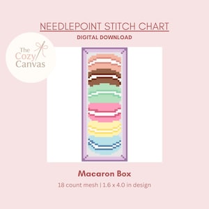 Puede incluir: Un gráfico de punto de cruz digital con un diseño pixelado de una caja de macarons en tonos pastel. El texto "Macaron Box" se muestra debajo, con las dimensiones del diseño: 4,1 x 10,2 cm.