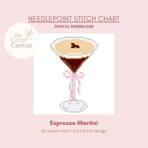 Puede incluir: Gráfico de punto de cruz digital de un espresso martini. La imagen presenta un cóctel pixelado en tonos marrones y beige, con un lazo rosa y el texto "Espresso Martini". El diseño mide 6,1 x 10,2 cm.
