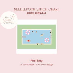 Puede incluir: Gráfico de punto de cruz digital titulado "Pool Day". El diseño presenta una ilustración pixelada de una piscina con personas y flotadores. El diseño mide 12,4 x 7,6 cm.