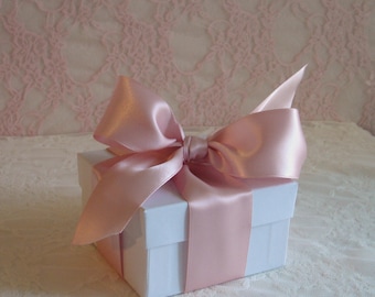 White Gift Box with Ribbon - Bridesmaid Jewelry Box - DIY - Bridal Shower Gift Box - Baby Shower Gift Box - 3.5x3.5x2 Jewelry Box - Blush