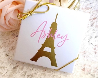 Empty Personalized Jewelry Box - Pink Gold Paris Theme - Eiffel Tower - Earring Box - Bridesmaid Proposal Small Box - Necklace Box - Favor