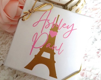 Small Personalized Favor Box - Pink Gold Paris Theme - Eiffel Tower - Small Favor Box - 3x3x1"