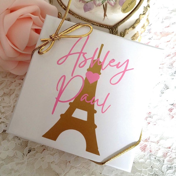 Small Personalized Favor Box - Pink Gold Paris Theme - Eiffel Tower - Small Favor Box - 3x3x1"