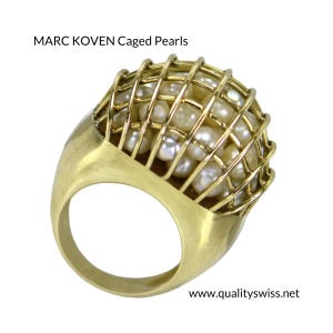 Marc Koven Designer Mid Century Modern "Sculpture-to-Wear" Gold & Pearl Cage Ring, 1960