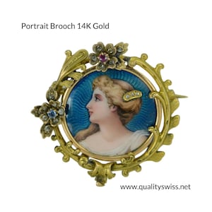 Portrait Brooch, Solid 14K Gold, Jewel-Set Guilloche Enamel, Swiss 19th Century