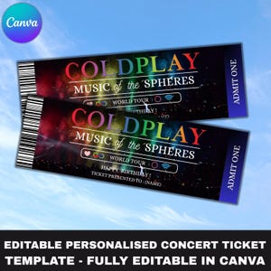 Bearbeitbare Coldplay Konzertkarten-Vorlage, Music of the Spheres Canva Ticket, benutzerdefinierter digitaler Konzertpass, druckbares Ereignisgeschenk