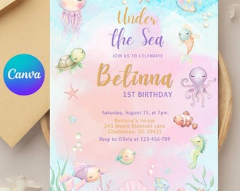 Geburtstagseinladung „Unter dem Meer“ | Unterwasserwelt | Meerestiere | Aquarell-Meerestiere (Canva-Vorlage)