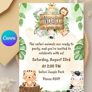Pode incluir: Um convite personalizado com tema de safari. O convite apresenta ilustrações de vários animais, incluindo um tigre, uma zebra, uma girafa e um leão. O texto diz "Noah está fazendo um ano" e inclui detalhes da festa.