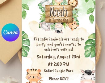 Safari First Birthday Evite, Jungle Animals Party, 1st Birthday Digital Invite, Wild One Birthday, Birthday Invitation