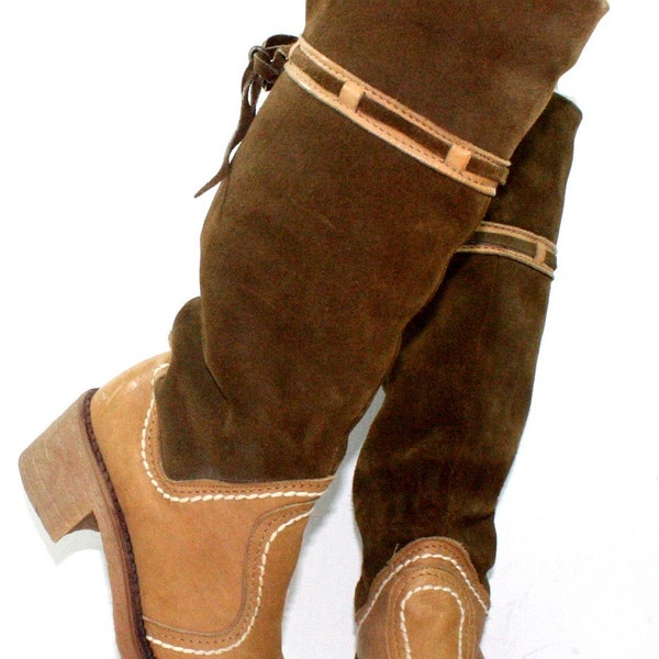 Vintage womens boots eskimo mid calf tall knee high winter faux fur MUKLUKS tan suede brown white INSULATED white WINTER fuzzy 37 6 M B