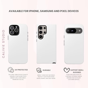 May include: White phone cases for iPhone, Samsung, and Pixel devices. The cases are shown from the back, with camera cutouts visible. Text on the image reads "UV Protected", "Durable", and "Support Small Businesses". The cases are designed to protect phones from drops and bumps.
