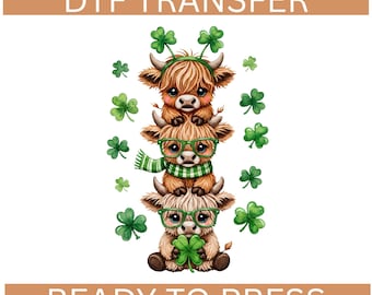 St Patrick's Day Highland Cow DTF Transfers, Lucky Shamrock Heat Press