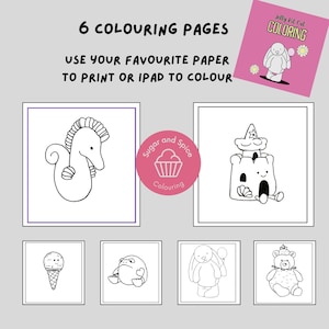 May include: Six coloring pages featuring whimsical illustrations of a seahorse, castle, ice cream cone, and more. The text reads "6 COLOURING PAGES" and "USE YOUR FAVOURITE PAPER TO PRINT OR IPAD TO COLOUR". A pink square shows a bunny and the text "Jelly Kit Cat COLORING".