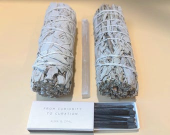 Varitas de salvia blanca para sahumar — Set de regalo de limpieza — Varita de selenita y cerillas