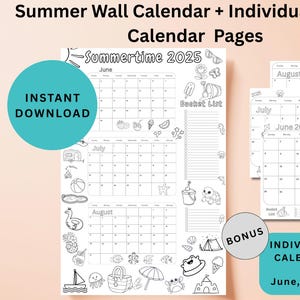 Sommer 2025 Poster Ausmalkalender & Bucket List, Sommer Familienplaner, Sommer Planer, Großer druckbarer Kalender, digitaler Download