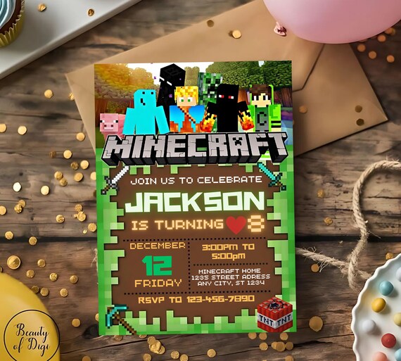 Editable Minecrafter Invitation Template V8 for Birthday Party | Editable Printable Digital Invitation | Canva template | Instant Download