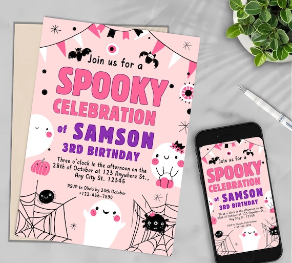 Editable Pink Spooky Birthday Invitation, Girl Halloween Birthday Invitation, Editable Halloween Tween Party Invite, Spooky Pink Tween Evite