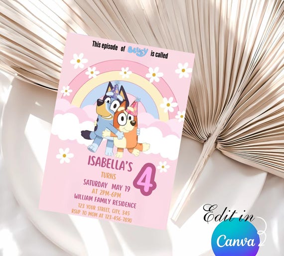 Pink bluey Birthday Invitation, Bluey Video Invitation, Bluey Invite, Birthday Girl party invite, bluey birthday party invite, Bluey invite
