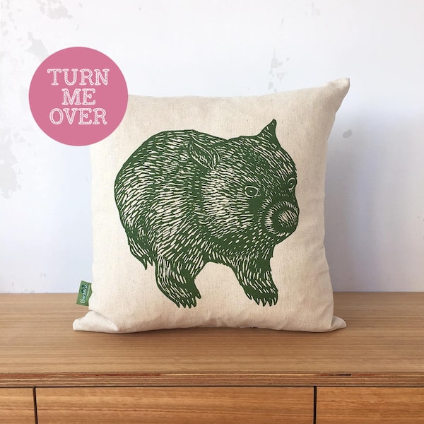 Wombat cushion // wombat front + back cushion cover // Australian animal cushion cover // organic cushion cover // animal pillow