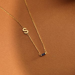 14K Gold Initial Sideways Birthstone Necklace, Dainty Custom Initial Birthstone Necklace for Mom, Personalized Jewelry, Gift for Bridesmaids