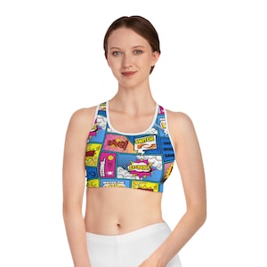 Colorful Comic Print Sports Bra - Fun Workout Gear, Activewear, Fitness Apparel, Gift for Her, Exercise Top