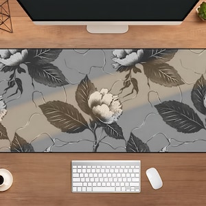 Black & White Floral Desk Mat: Neoprene Large Mouse Pad