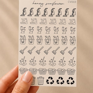 May include: A white sticker sheet labeled honey sunflower CV003 featuring rows of black line art icons representing household cleaning tasks including vacuums, dishes, toilets, spray bottles, brooms, plungers, laundry baskets, trash cans, and recycle symbols.
