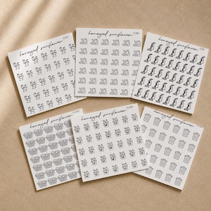 May include: Five square sheets of white stickers featuring black line art icons. Each sheet displays the text honeyed sunflower and a unique code. The icons depict household chores including toilets, dishes, vacuums, laundry baskets, cleaning supplies, and trash cans.