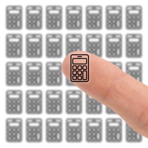 May include: A finger pointing at a calculator icon, with a grid of blurred calculator icons in the background. The calculator icon is a simple black outline, with a screen and number buttons. The background is white.