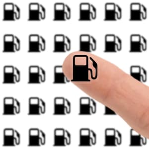 May include: A finger touches a black gas pump icon, with a grid of similar icons in the background. The image is on a white background. The gas pump icon is a symbol of fuel and energy.