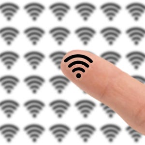 May include: A close-up of a finger with a black Wi-Fi symbol on it, set against a backdrop of blurred Wi-Fi symbols. The image is on a white background, emphasizing the connection theme.