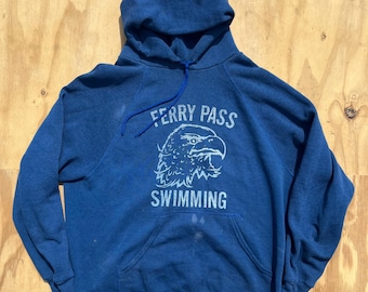 Vintage 80s Distressed Paper Thin School Swim Team Sweats Sweatshirt Hoodie Pullover Blue Eagle
