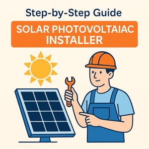 May include: An illustration of a solar panel installation guide. The image features a cartoon of a person in a hard hat holding a wrench, pointing at a solar panel. The text reads "Step-by-Step Guide SOLAR PHOTOVOLTAIC INSTALLER". A yellow sun graphic is also included.